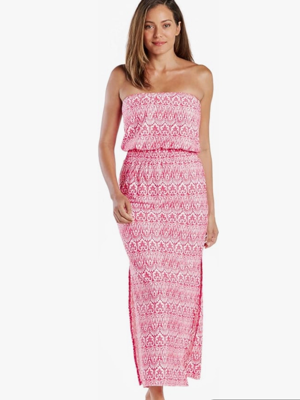 Helen Jon Red & White Nylon Jolie Bandeau Island Batik Stretchy Dress NWT Sz L
